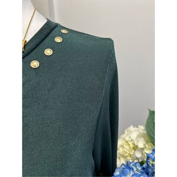 Michael Kors Dark Green Gold Studded Crew Neck 3/4 Sleeve Shift Dress Medium - Picture 2 of 8